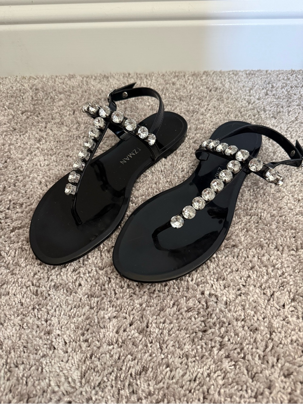 Stuart Weitzman Goldie Black Jeweled T-Strap Jelly Sandals